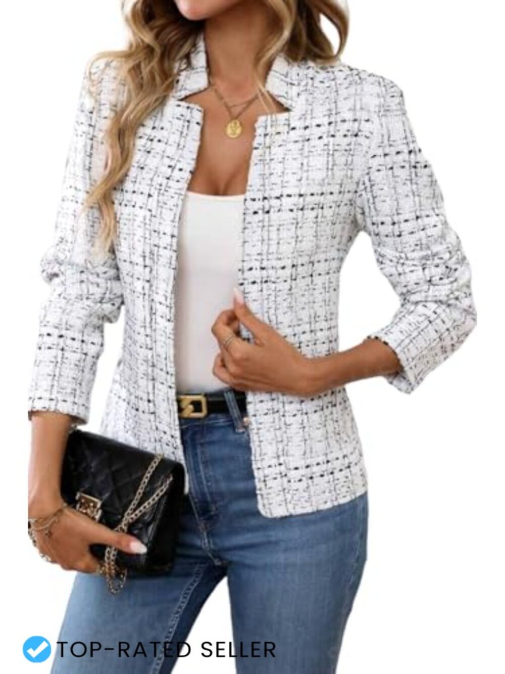 Women's Tweed Open Front Blazer Long Sleeve Notch Collar Business Casual